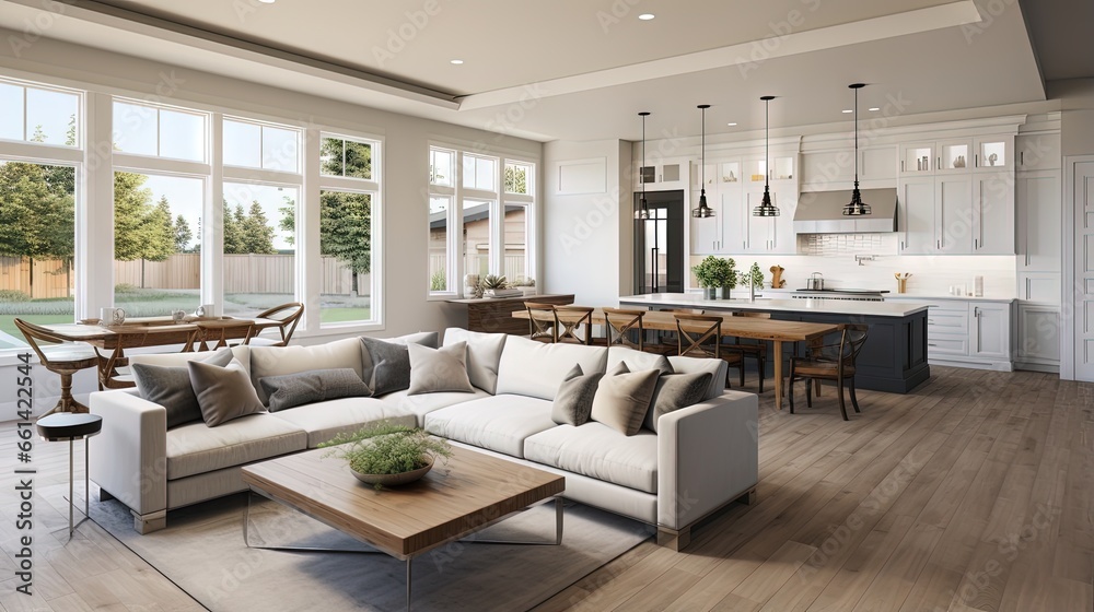 Living Room and Kitchen in New Luxury Home. Features Open Concept Floor ...