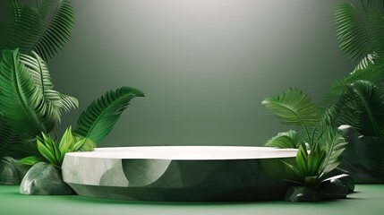 Aufkleber - 3D stone green podium or rock dais stage and nature green leaves. elegant green podium mock-up stand product scene green nature background. 3d podium stage illustration render tropical style.