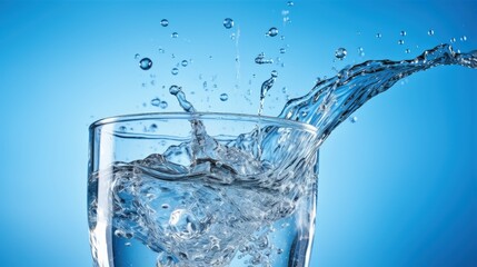 Poster - Pouring water into glass on blue background