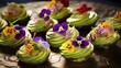 Canapes with avocado paste and edible flowers