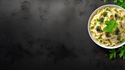 Poster - Pasta with green vegetables and creamy sauce in black bowl on grey stone background. Top view. Copy space.