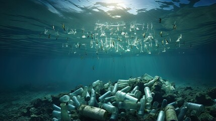 Poster - Plastic water bottles pollution in ocean (Environment concept)