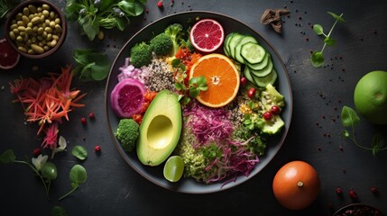 Vegan, detox Buddha bowl with quinoa, micro greens, avocado, blood orange, broccoli, watermelon radish, alfalfa seed sprouts. Top view, flat lay, copy space