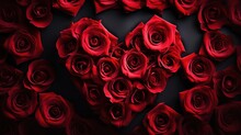 Beautiful Composition With Heart Of Red Petals Rose Flower On Black Background. Love Concept. Top View, Flat Lay. Elegant Floral Template For Design To Valentine's Day, Mothers Day, Wedding