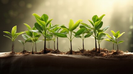 Poster - Small trees with green leaves, natural growth, and sunlight, the concept of agriculture, and sustainable plant growth.