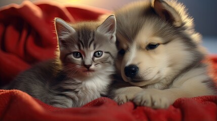 Poster - Malamute puppy and kitten sleep at home under a blanket with a red plush heart between them. Valentine's day card concept