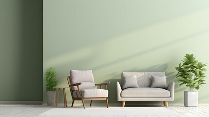 Aufkleber - Empty light green wall in modern bedroom. Mock up interior in contemporary style. Free, copy space for your picture, text, or another design. Bed, armchair, plants. 3D rendering
