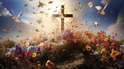 Poster - Cross symbolizing the death and resurrection of Jesus Christ, spring flowers, falling petals and bright sunlight