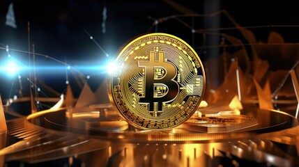 Aufkleber - Golden bitcoin coin in neon light with bull trading stock chart.Bitcoin Gold and Cash lightning blockchain hard fork concept.Cryptocurrency coin on polygon peer to peer network background.