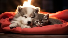 Malamute Puppy And Kitten Sleep At Home Under A Blanket With A Red Plush Heart Between Them. Valentine's Day Card Concept