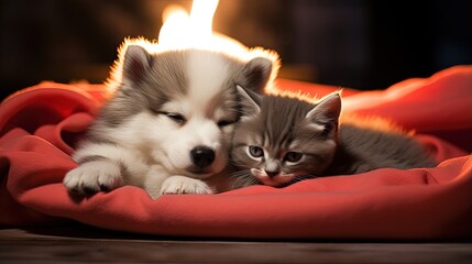 Poster - Malamute puppy and kitten sleep at home under a blanket with a red plush heart between them. Valentine's day card concept