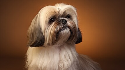 Wall Mural - close short-haired shihtzu dog with beige coat on brown background. front view. pet. grooming shihtzu. look of dogs