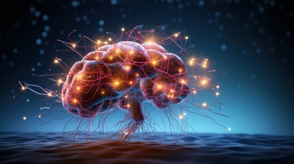Poster - Artificial intelligence, AI, cyber brain. Digital mind 3D illustration. Neural connections and data analysis network structure