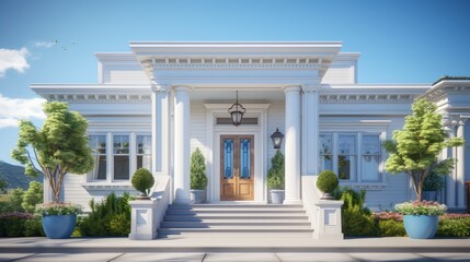 Beautiful home exterior on sunny day with blue sky. Features front door with glass panels and columns flanking entrance.