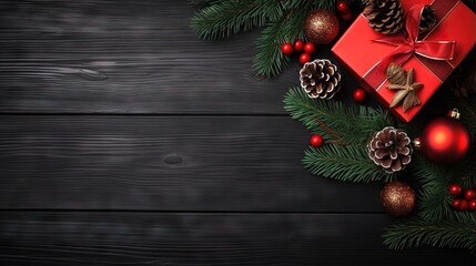 Poster - Christmas background concept. Top view of Christmas gift box red balls with spruce branches, pine cones, red berries and bell on black wooden background.