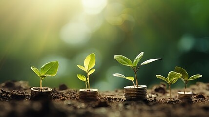 Sticker - The coins are stacked on the ground and the seedlings are growing on top, the concept of saving money and financial and business growth.