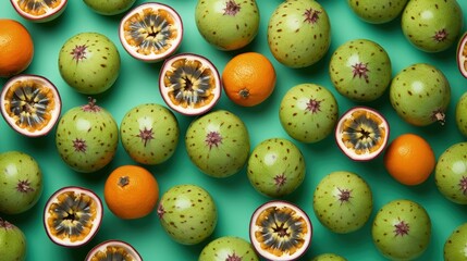 Aufkleber - Colorful fruit pattern of fresh passion fruits on green pastel background, top view