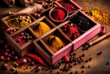   Spices In Box Pink And Black Pepper, Paprika Powder, Curry, Bay   