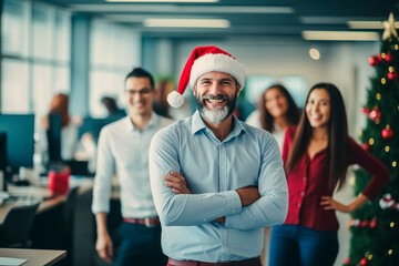 executive with santa hat with his colleagues in the office