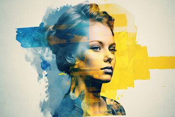 Poster - Collage in yellow blue color with Ukrainian woman head