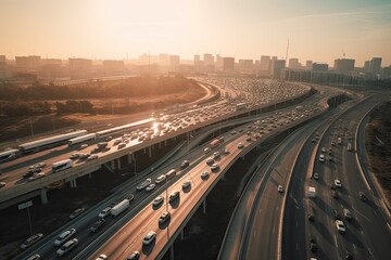 Rush hour jam on urban highway. Evening commute. Cars in slow motion on freeway. Sunset traffic in heart of city. Congestion on motorway