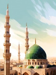 Wall Mural - Nabawi Mosque, minarets and domes, rendered in impressionism style, generative ai