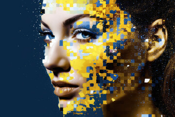 Poster - Collage in yellow blue colors with ukrainian woman face  in the style of fragmented portrait