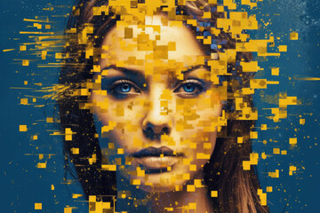 Sticker - Collage in yellow blue colors with ukrainian woman face  in the style of fragmented portraiture