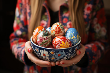 Aufkleber - painted Easter eggs in woman hands; close up