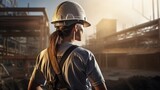 Fototapeta  - A young female worker stand back. A young female worker wearing a protective helmet and safety gear on a construction site