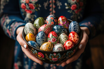 Aufkleber - painted Easter eggs in woman hands; close up