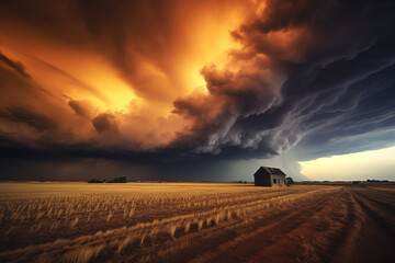 An epic storm approaches as clouds gather over a serene rural field, creating a captivating contrast of nature's power and tranquility