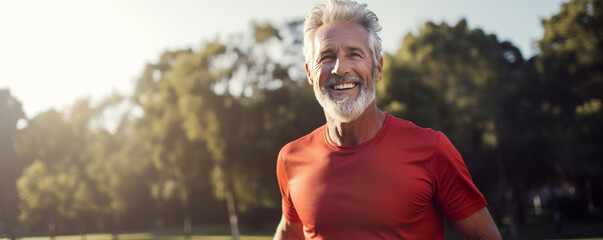 Wall Mural - Cheerful old man have outdoor workout, looking at blank space