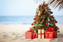 Christmas Tree At Summer Beach