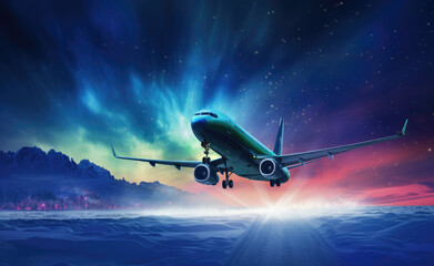 A sleek airliner glides gracefully through the night sky, its powerful jet engines propelling it over a wintry landscape below, as it transports passengers to their destination in the realm of air tr