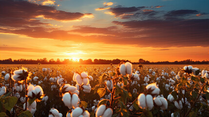 Wall Mural - Fair Trade certified cotton field at sunset, warm golden hour light
