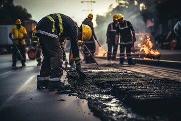 Aufkleber - A group of men working on a street. This image can be used to depict construction, roadwork, infrastructure development, or urban maintenance projects.