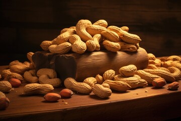 Poster - A pile of peanuts sitting on top of a wooden table. This versatile image can be used in various contexts.