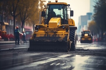 Aufkleber - A yellow bulldozer is driving down a wet street. This image can be used to depict construction, urban development, or road maintenance projects.