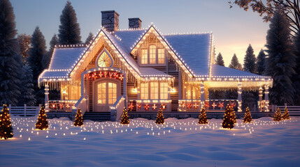 Wall Mural - House decorated with garland lights for the holidays. Merry christmas and happy new year concept.