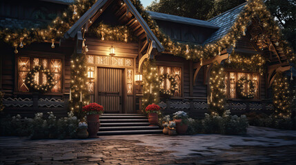 Wall Mural - House decorated with garland lights for the holidays. Merry christmas and happy new year concept.