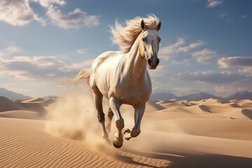 Poster - A white horse is captured running freely in the desert. This image can be used to depict freedom, strength, and the beauty of nature.