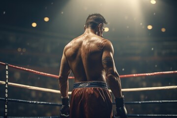 Wall Mural - A man standing in a boxing ring with his back to the camera. This image can be used to depict a boxer preparing for a match or training in a gym.