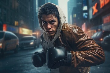 Poster - A man wearing boxing gloves is standing in the rain. This image can be used to represent determination and resilience.