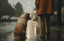 A Forlorn Dog Of An Unknown Breed Sits On The Wet Sidewalk, As A Lone Figure Stands Nearby In Their Rain-soaked Footwear, Both Surrounded By The Dreary Outdoor Cityscape