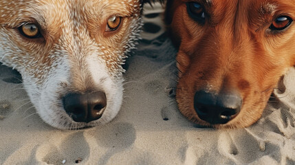 Two majestic canines of the same breed resting peacefully on the warm sandy ground, their brown fur glistening under the sun as they close their eyes in pure contentment