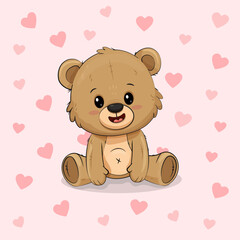 Wall Mural - Cute cartoon teddy bear isolated on background with hearts. Postcard for Valentine's Day. Vector illustration