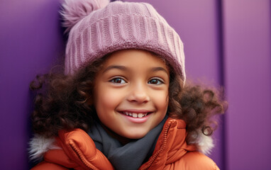 Wall Mural - Laughing beauty kid girl wearing hat and color clothes on solid color background.