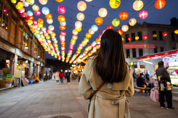 Sticker - Woman go Dihua street to enjoy New year decoration in Taipei city