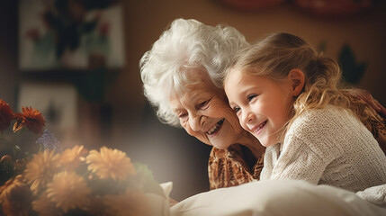 copy space, stockphoto, grandchild visiting her old grandmother in a retirement home. Grandchild visiting grandmother. Elderly retired people. Family theme. Health care.